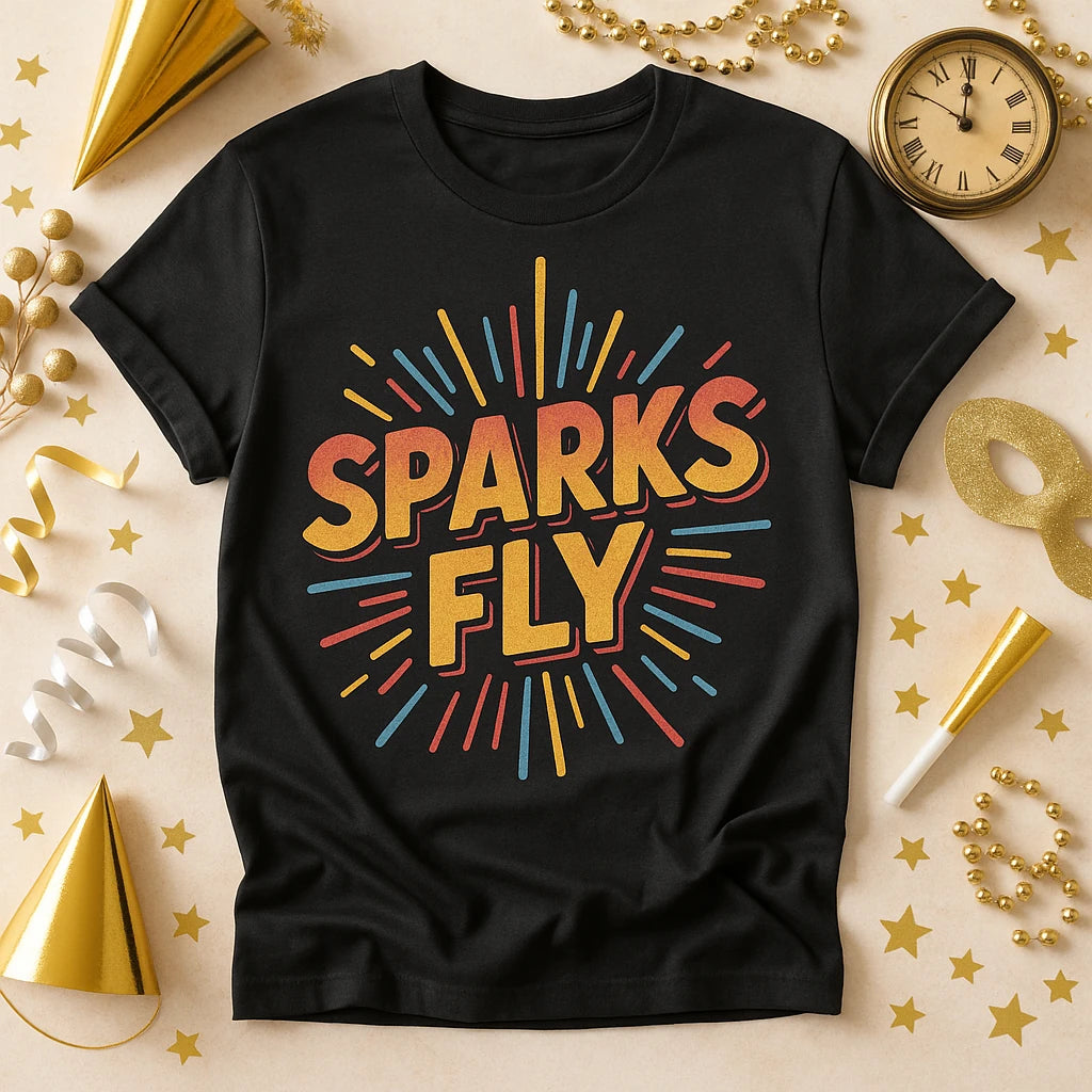 A black T-shirt with the words "SPARKS FLY" in bold, colorful letters surrounded by a burst of lines, resembling fireworks. The shirt is laid flat on a surface decorated with gold party items, including a clock, party hats, streamers, and stars.