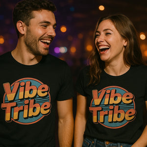 Person wearing the black socializing shirts graphic tee - "Vibe Tribe" design