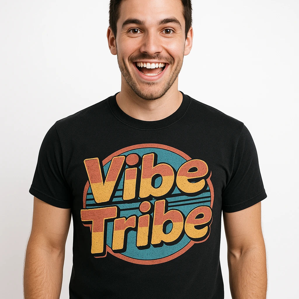 Close-up of the "Vibe Tribe" orange print on a premium Bella+Canvas black socializing shirts