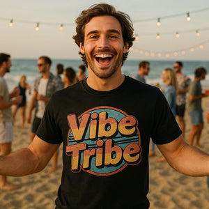 Lifestyle shot of the "Vibe Tribe" black socializing shirts in a real-world setting