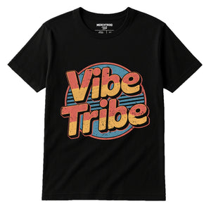 Black Socializing Shirts - "Vibe Tribe" graphic tee with orange print, flat lay product photo