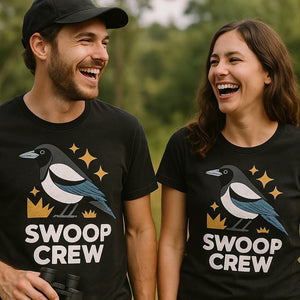 Person wearing the black magpie t shirt graphic tee - "Swoop Crew" design