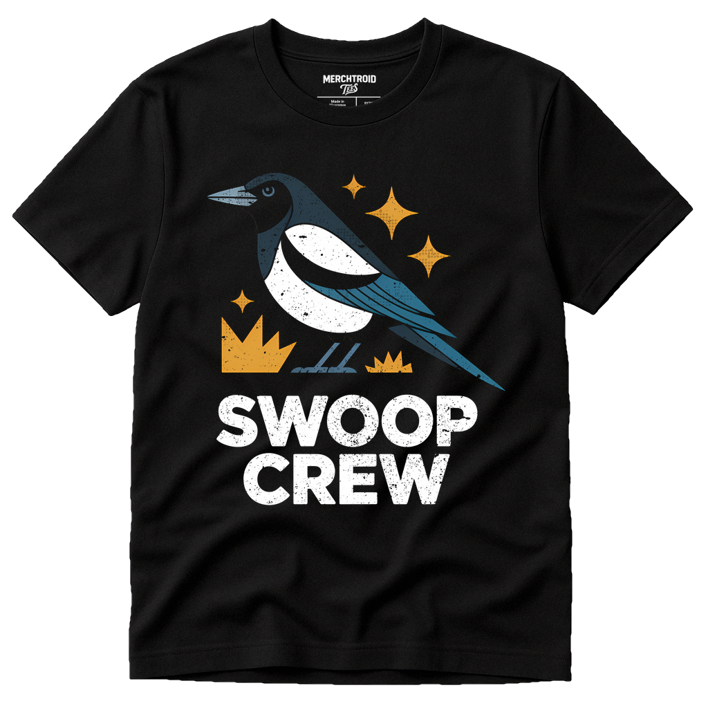 Black Magpie T Shirt - "Swoop Crew" graphic tee with white print, flat lay product photo