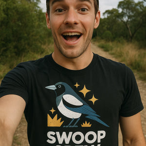 "Swoop Crew" black magpie t shirt, photographed as magpie lover gift