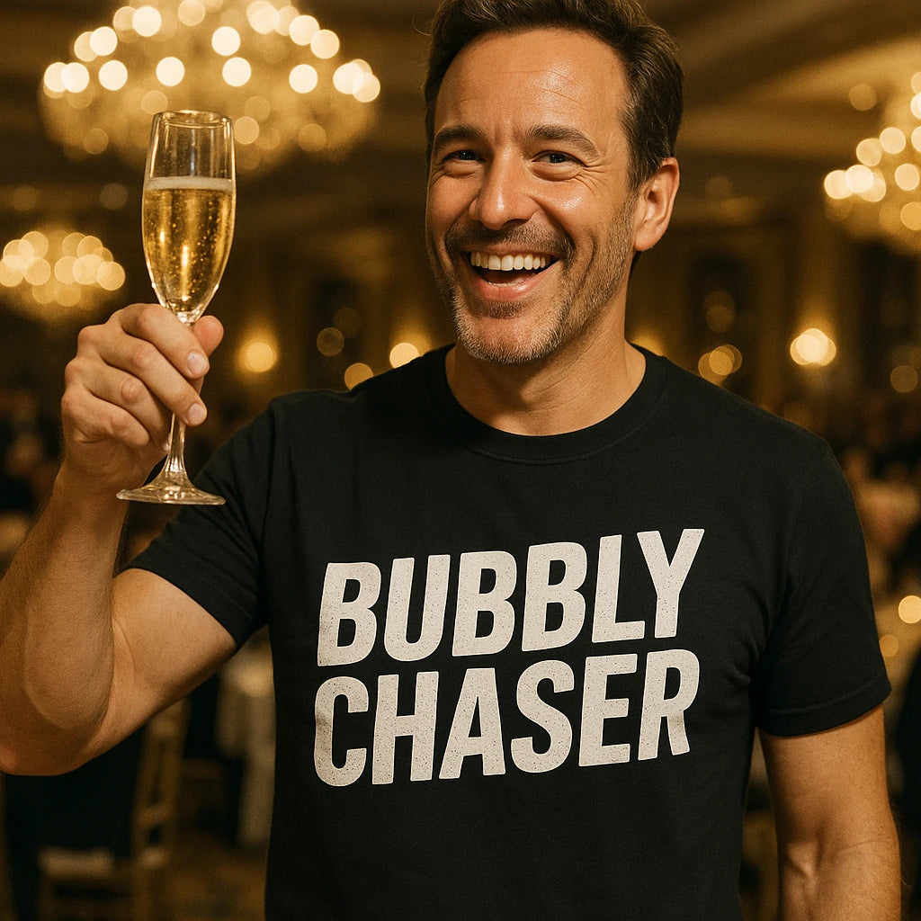 A man is smiling and holding a glass of champagne in a dimly lit, elegant setting. He is wearing a black T-shirt with the text "BUBBLY CHASER" printed in bold white letters. The background is softly blurred with lights and chandeliers.