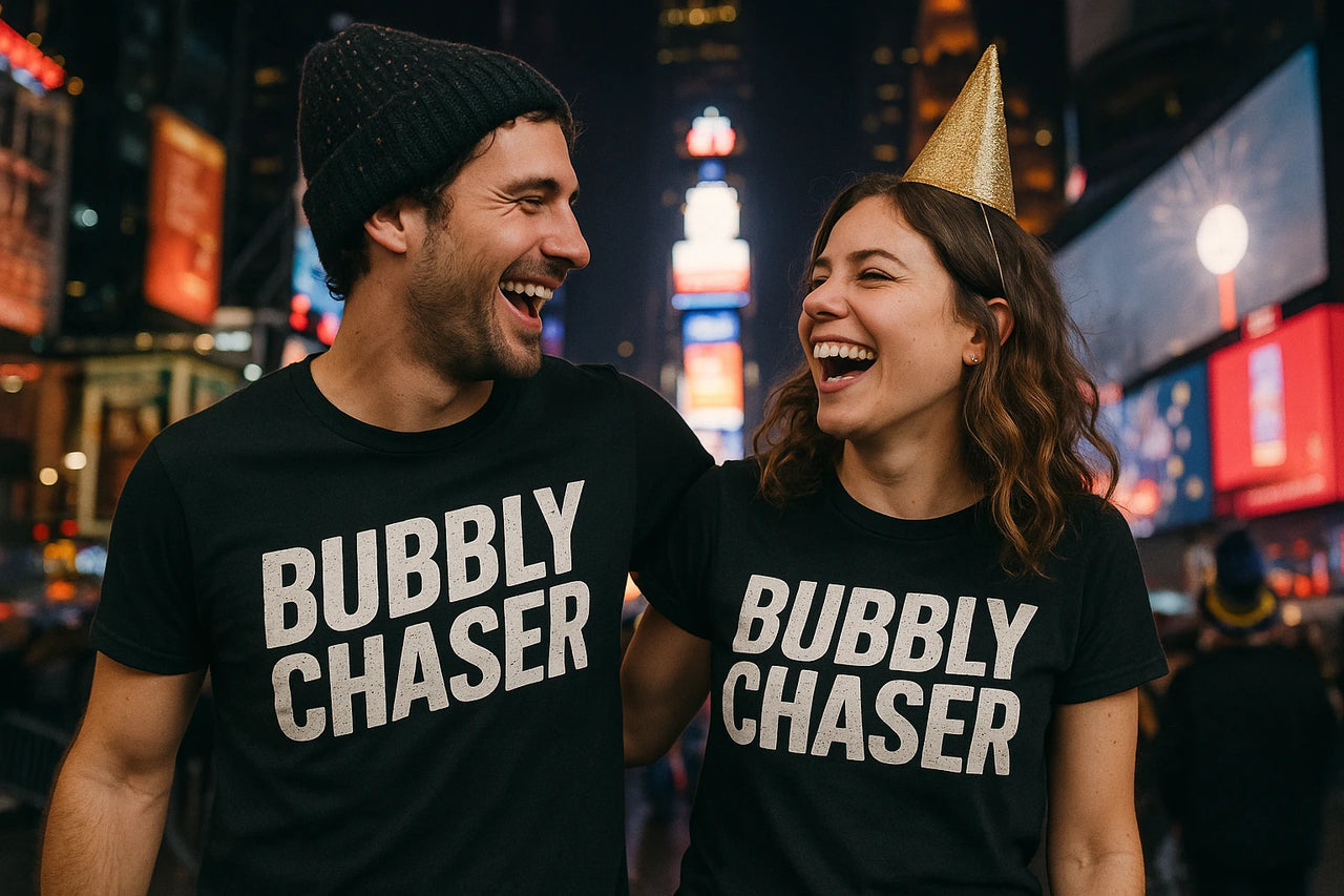A man and woman smiling and laughing in a vibrant, possibly urban setting at night. Both are wearing matching black t-shirts with the text "BUBBLY CHASER." The man is wearing a beanie and the woman is wearing a gold party hat. They are standing close together, appearing joyful and celebratory.