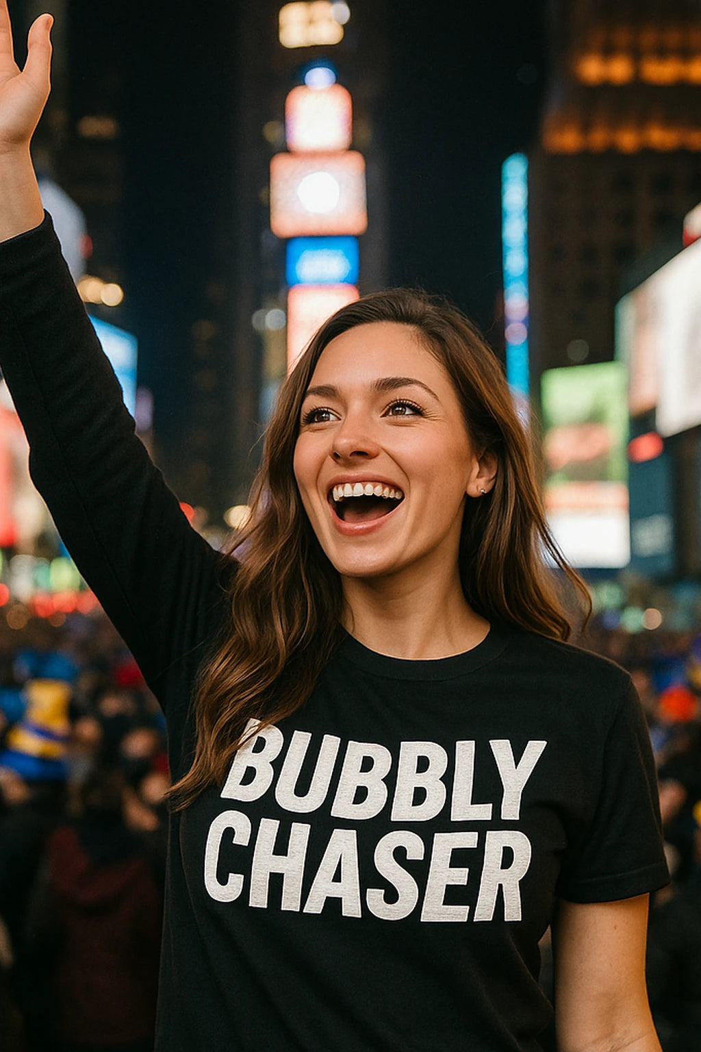 A person with long brown hair, smiling broadly and raising one arm, wearing a black T-shirt with the text "BUBBLY CHASER." The background shows a brightly lit urban setting, possibly Times Square, with colorful lights and a crowd of people.