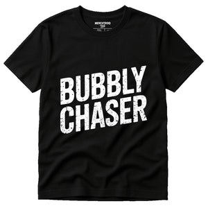 Black Fun New Years Shirts - "Bubbly Chaser" graphic tee with white print, flat lay product photo