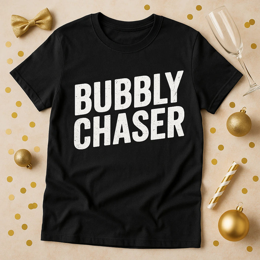 A black T-shirt with the words "BUBBLY CHASER" printed in large white letters. The shirt is laid flat on a tan background scattered with gold confetti, a gold bow, gold ornaments, a gold-striped straw, and a champagne flute placed nearby.