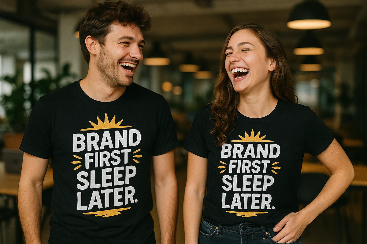 Person wearing the black entrepreneurs t shirt graphic tee - "Brand First Sleep Later" design