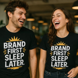 Person wearing the black entrepreneurs t shirt graphic tee - "Brand First Sleep Later" design