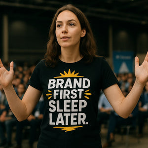 Lifestyle shot of the "Brand First Sleep Later" black entrepreneurs t shirt in a real-world setting
