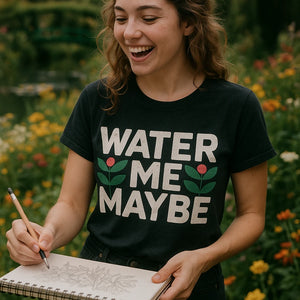 "Water Me Maybe" black botany t shirt, photographed as gifts for botany lovers