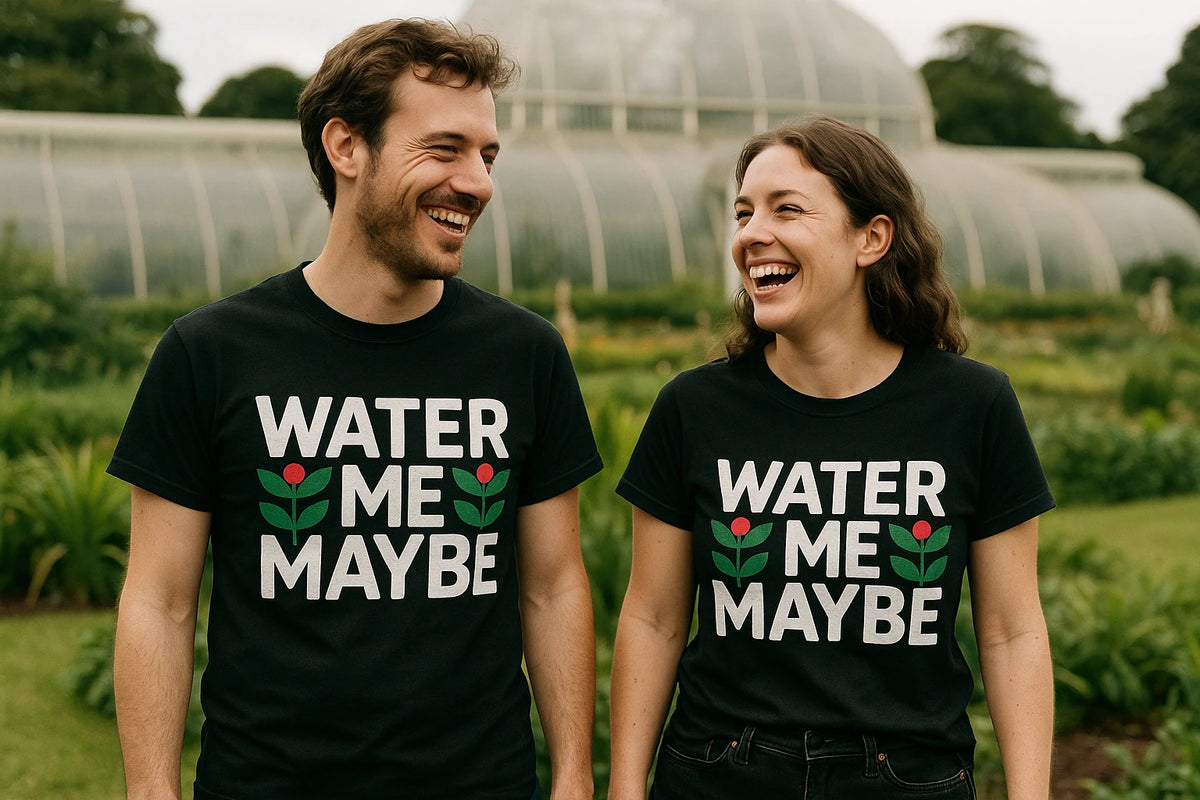 Person wearing the black botany t shirt graphic tee - "Water Me Maybe" design