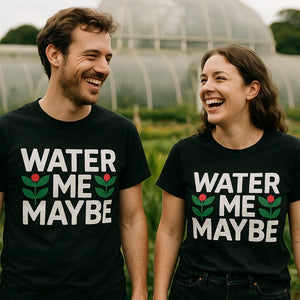 Person wearing the black botany t shirt graphic tee - "Water Me Maybe" design