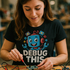 "Debug This" black gadget t shirt - also a secret santa gifts for gadget lovers