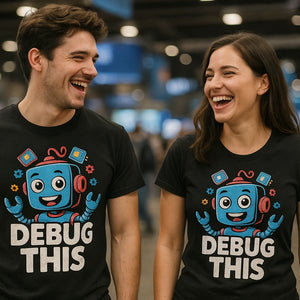 Person wearing the black gadget t shirt graphic tee - "Debug This" design