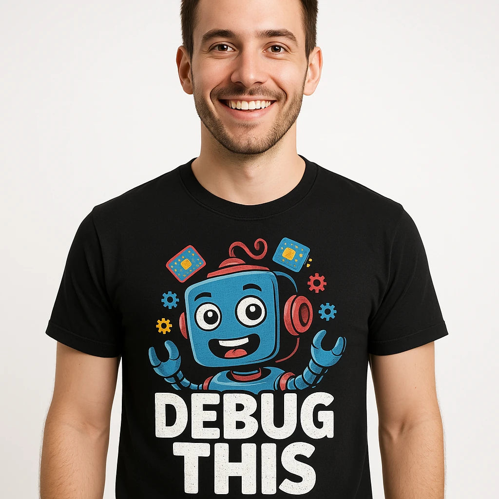 Close-up of the "Debug This" gray print on a premium Bella+Canvas black gadget t shirt
