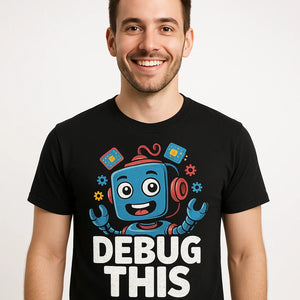 Close-up of the "Debug This" gray print on a premium Bella+Canvas black gadget t shirt