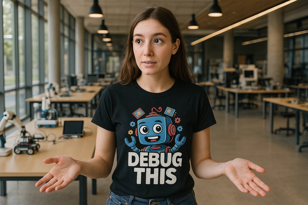 Lifestyle shot of the "Debug This" black gadget t shirt in a real-world setting
