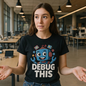 Lifestyle shot of the "Debug This" black gadget t shirt in a real-world setting