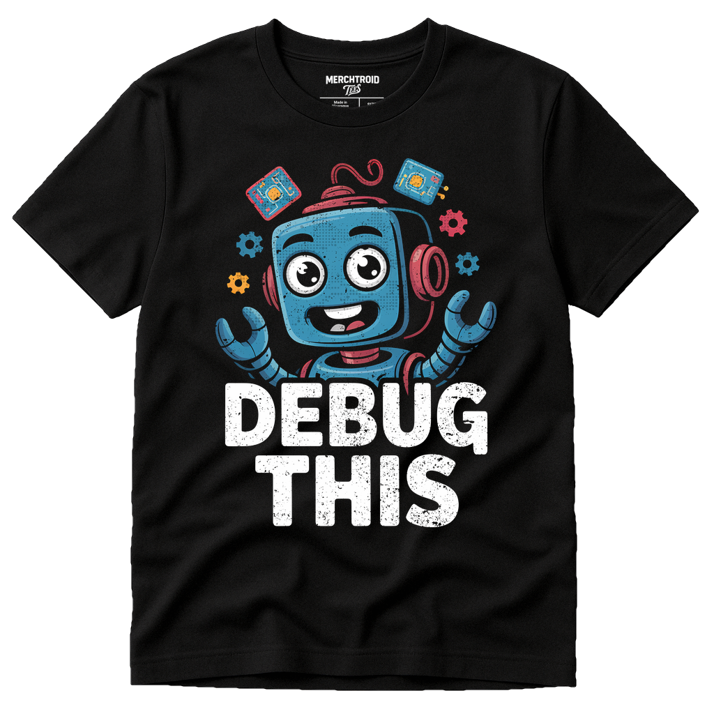 Black Gadget T Shirt - "Debug This" graphic tee with gray print, flat lay product photo