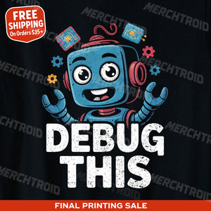 "Debug This" black gadget t shirt, photographed as gift ideas for gadget lovers