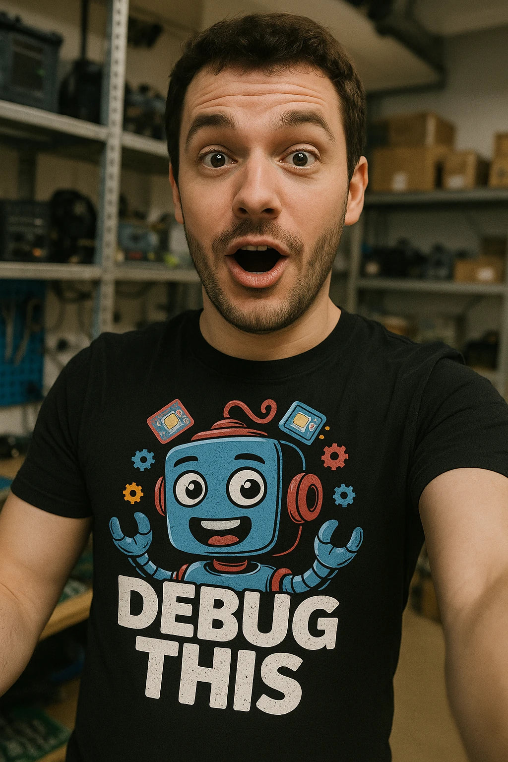 "Debug This" black gadget t shirt - also one of the gifts for someone who likes gadgets