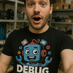 "Debug This" black gadget t shirt - also one of the gifts for someone who likes gadgets