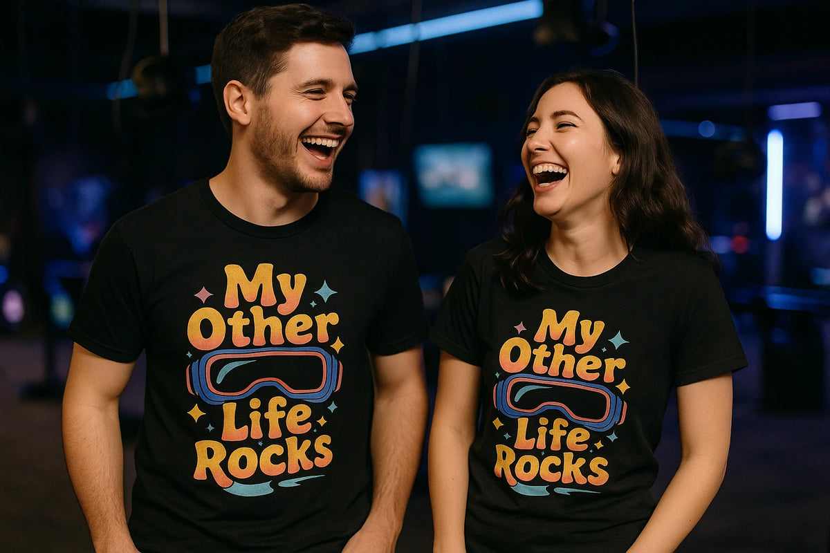 Person wearing the black virtual reality t shirt graphic tee - "My Other Life Rocks" design