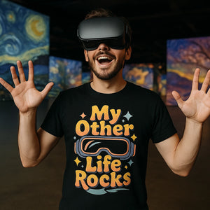 Lifestyle shot of the "My Other Life Rocks" black virtual reality t shirt in a real-world setting