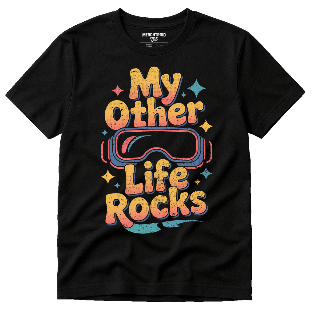 Black Virtual Reality T Shirt - "My Other Life Rocks" graphic tee with gold print, flat lay product photo