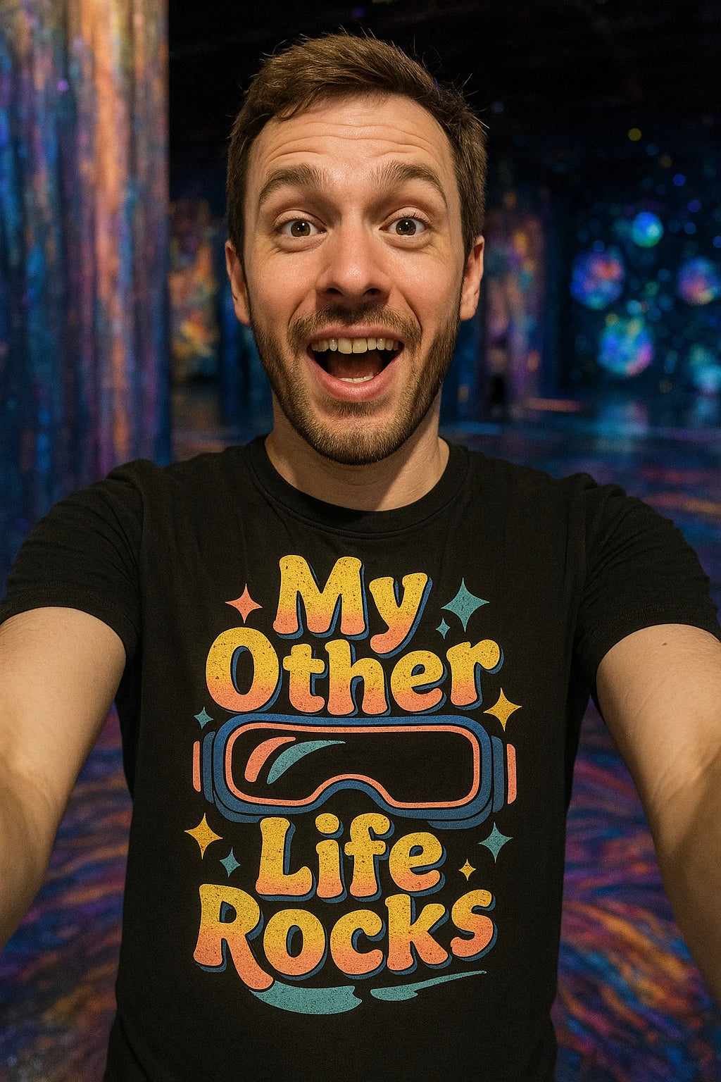 "My Other Life Rocks" black virtual reality t shirt, photographed as virtual reality lover gift