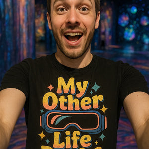 "My Other Life Rocks" black virtual reality t shirt, photographed as virtual reality lover gift