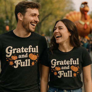 Person wearing the black thanksgiving day shirts graphic tee - "Grateful and Full" design