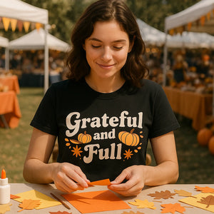 Lifestyle shot of the "Grateful and Full" black thanksgiving day shirts in a real-world setting