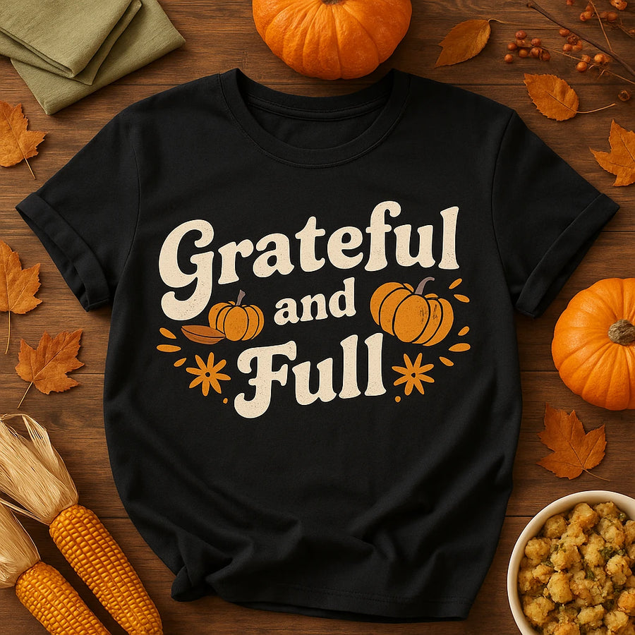 A black t-shirt with the text "Grateful and Full" surrounded by pumpkins and decorative flourishes. The shirt is displayed on a wooden surface with fall-themed decorations, including small pumpkins, autumn leaves, corn, and a bowl of stuffing.
