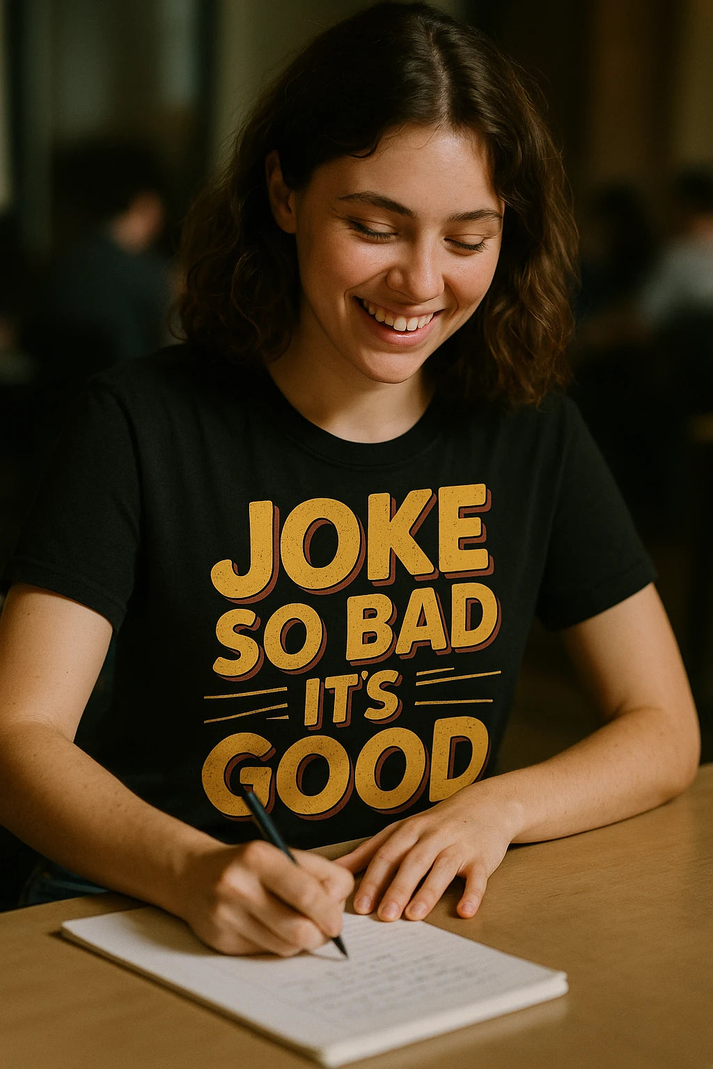 "Joke So Bad Its Good" black comedy t shirt, photographed as gifts for comedy lovers