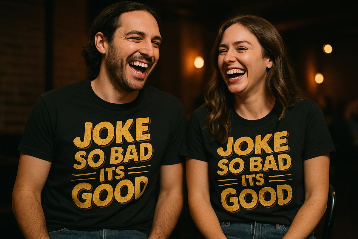 Person wearing the black comedy t shirt graphic tee - "Joke So Bad Its Good" design