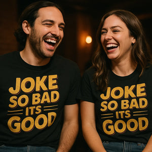 Person wearing the black comedy t shirt graphic tee - "Joke So Bad Its Good" design