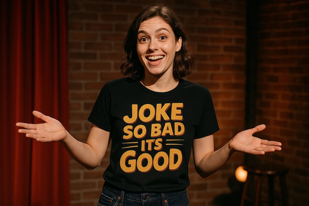 Lifestyle shot of the "Joke So Bad Its Good" black comedy t shirt in a real-world setting