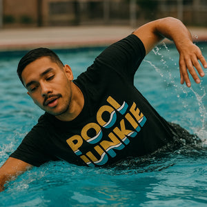 "Pool Junkie" black swimming t shirt - also a thermal shirt for swimming in cold water