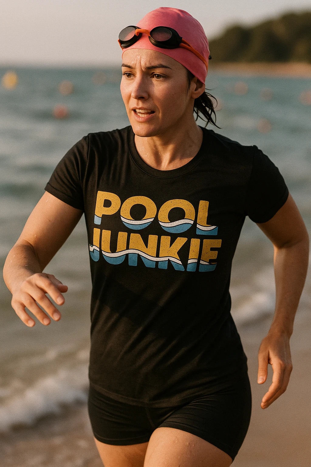 "Pool Junkie" black swimming t shirt - also a rash guard for swimming