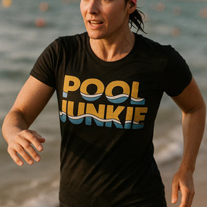 "Pool Junkie" black swimming t shirt - also a rash guard for swimming