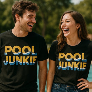 Person wearing the black swimming t shirt graphic tee - "Pool Junkie" design