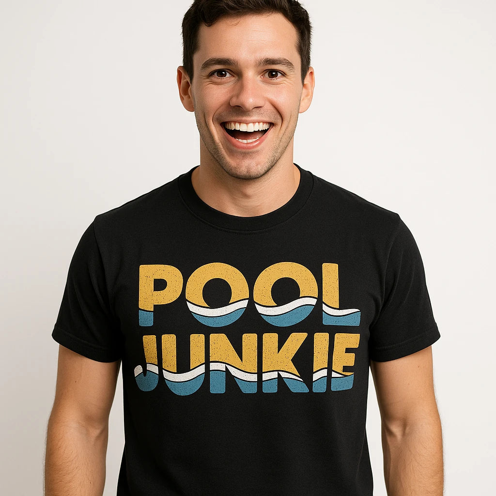 Close-up of the "Pool Junkie" gold print on a premium Bella+Canvas black swimming t shirt