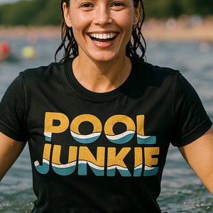 "Pool Junkie" black swimming t shirt - also a wet shirt for swimming