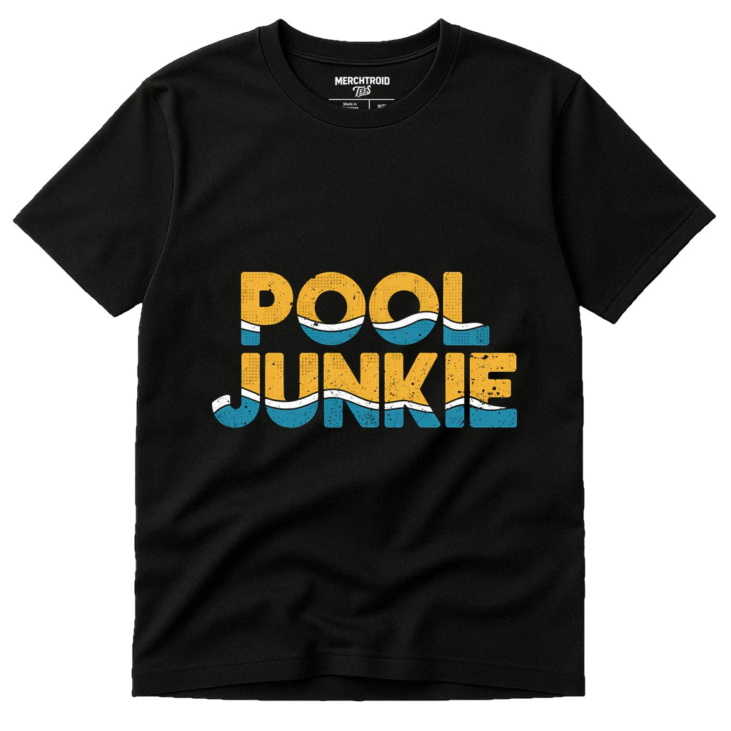 Black Swimming T Shirt - "Pool Junkie" graphic tee with gold print, flat lay product photo