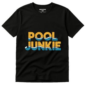 Black Swimming T Shirt - "Pool Junkie" graphic tee with gold print, flat lay product photo