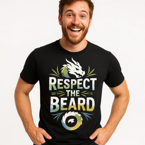 Close-up of the "Respect the Beard" gray print on a premium Bella+Canvas black dragons shirts